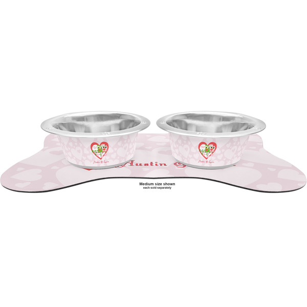 Valentine Owls Metal Pet Bowls - On Dog Bone Shaped Mat