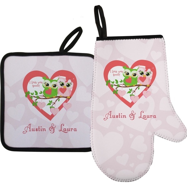 Custom Valentine Owls Oven Mitt & Pot Holder Set w/ Couple's Names