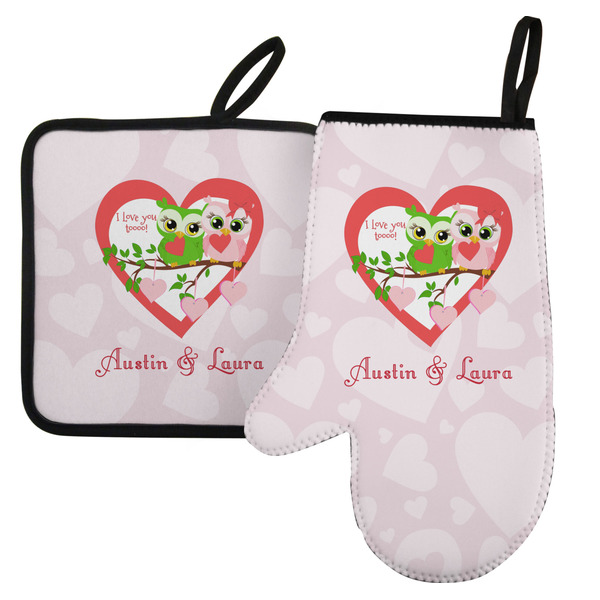 Custom Valentine Owls Left Oven Mitt & Pot Holder Set w/ Couple's Names