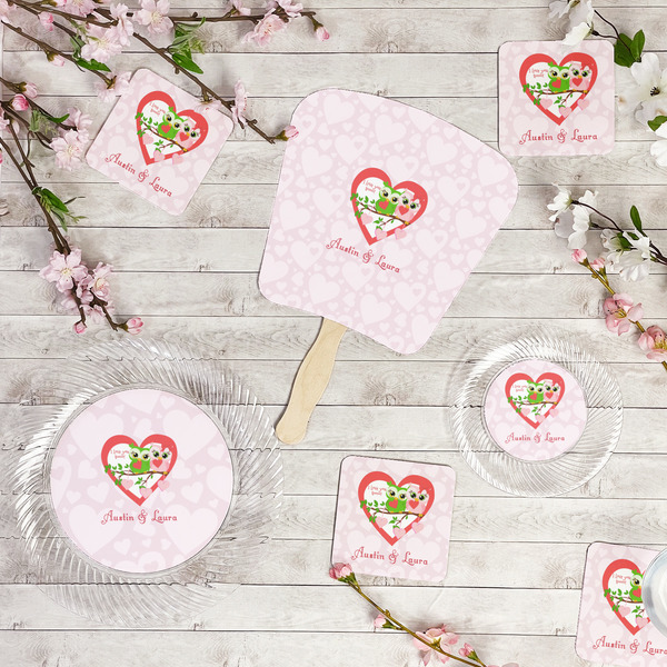 Valentine Owls Party Supplies Combination Image - All items - Plates, Coasters, Fans