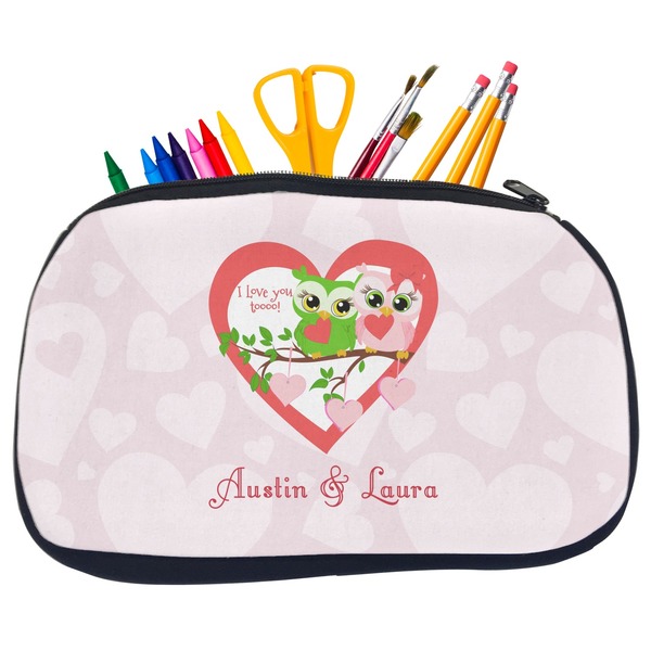 Custom Valentine Owls Neoprene Pencil Case - Medium w/ Couple's Names