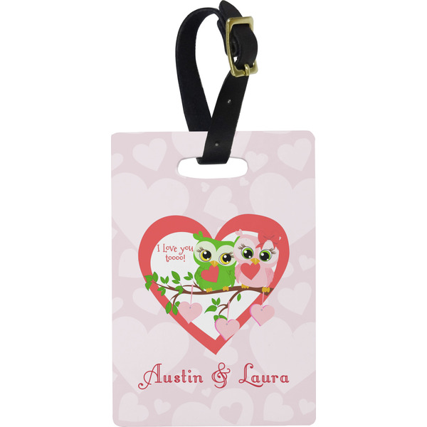 Custom Valentine Owls Plastic Luggage Tag - Rectangular w/ Couple's Names