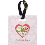 Valentine Owls Plastic Luggage Tag - Square w/ Couple's Names