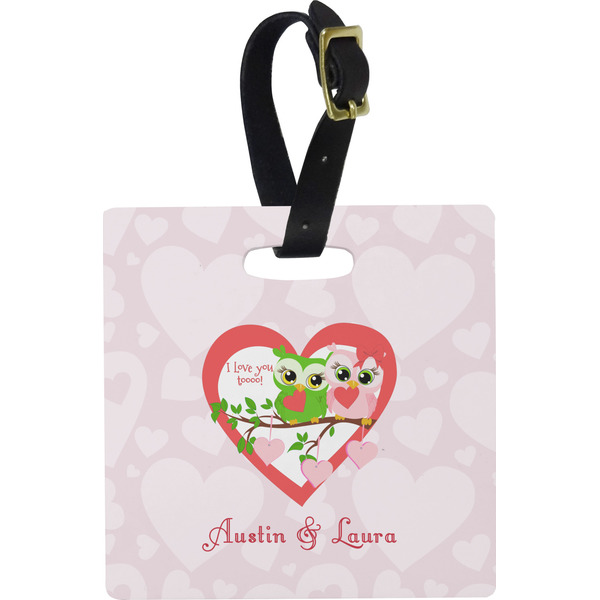 Custom Valentine Owls Plastic Luggage Tag - Square w/ Couple's Names