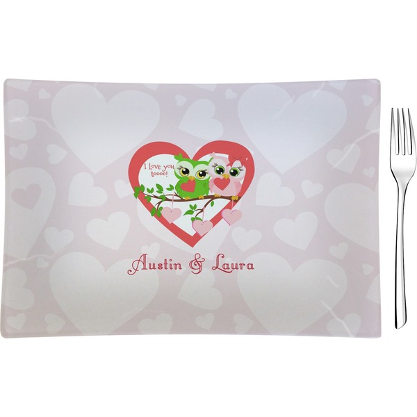 Custom Valentine Owls Glass Rectangular Appetizer / Dessert Plate (Personalized)
