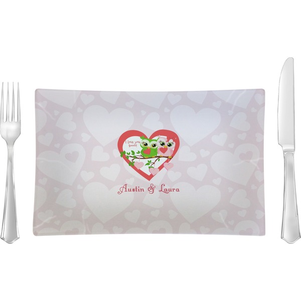Custom Valentine Owls Rectangular Glass Lunch / Dinner Plate - Single or Set (Personalized)