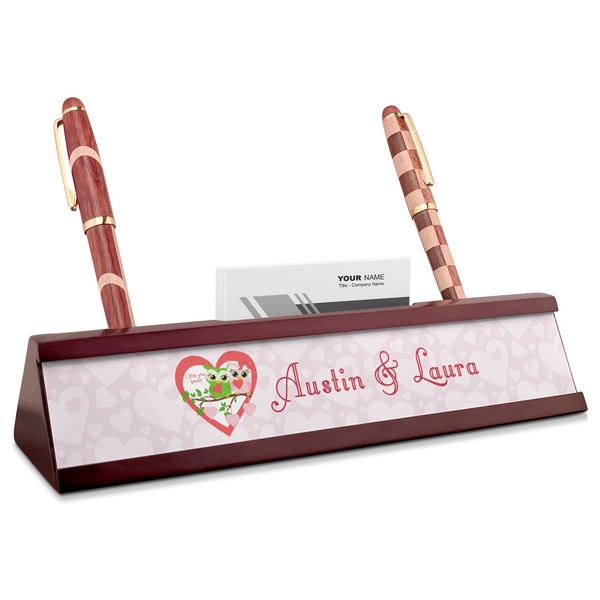 Custom Valentine Owls Red Mahogany Nameplate with Business Card Holder (Personalized)