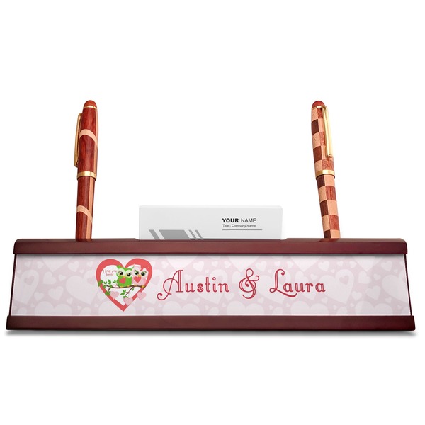 Valentine Owls Red Mahogany Nameplates with Business Card Holder - Straight