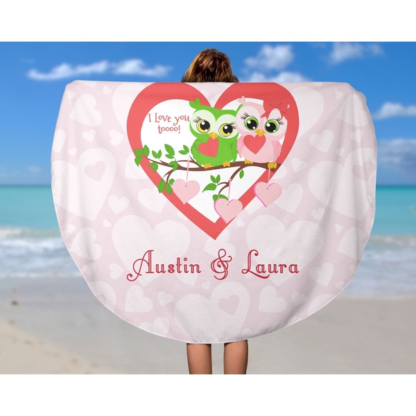 Valentine Owls Round Beach Towel - In Use
