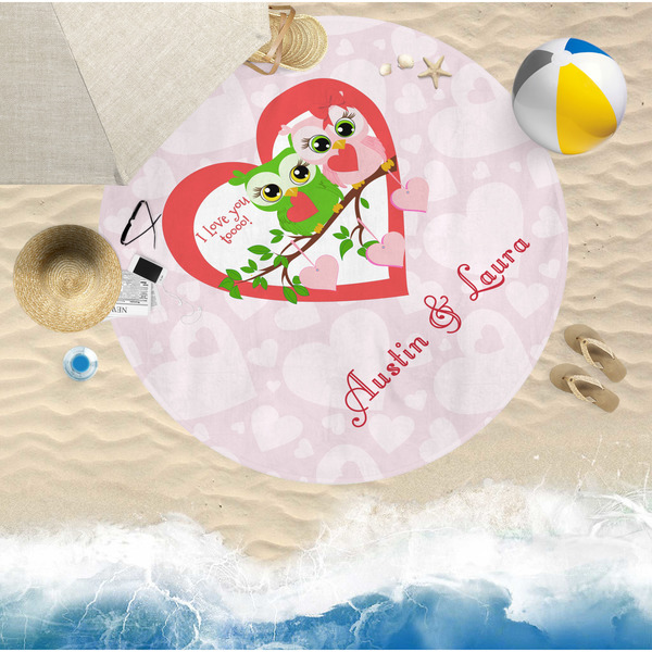 Valentine Owls Round Beach Towel Lifestyle