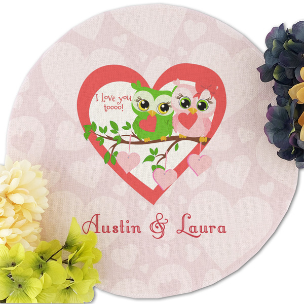 Valentine Owls Round Linen Placemats - Front (w flowers)