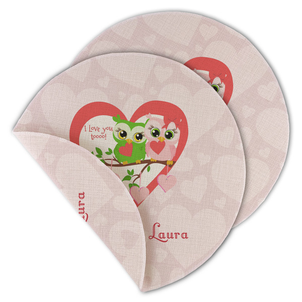 Custom Valentine Owls Round Linen Placemat - Double Sided (Personalized)