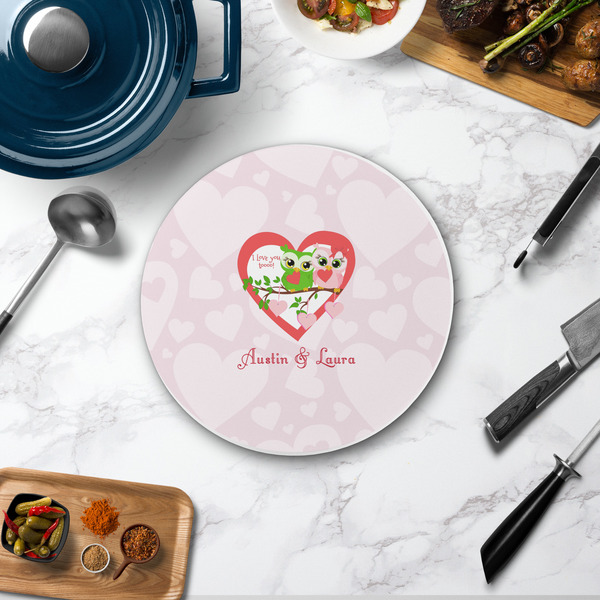 Valentine Owls Round Stone Trivet - In Context View