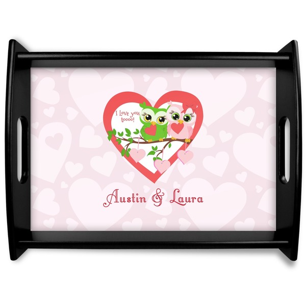 Custom Valentine Owls Black Wooden Tray - Large (Personalized)