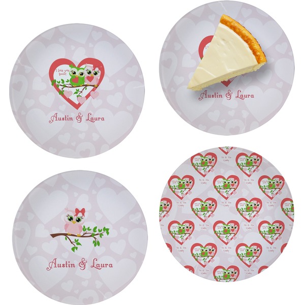 Custom Valentine Owls Set of 4 Glass Appetizer / Dessert Plate 8" (Personalized)