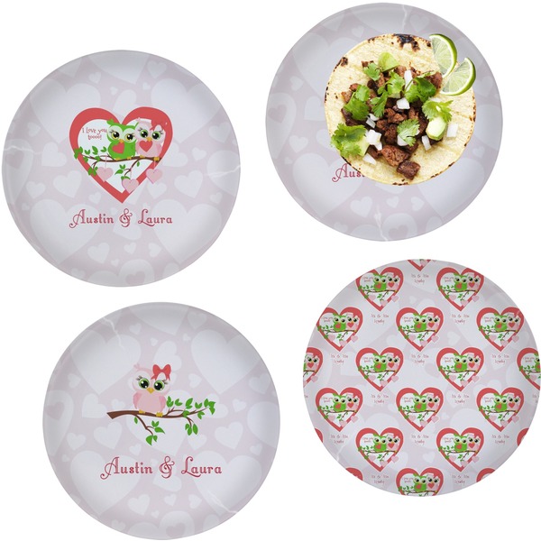 Custom Valentine Owls Set of 4 Glass Lunch / Dinner Plate 10" (Personalized)