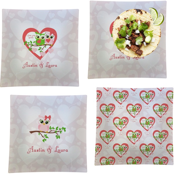 Custom Valentine Owls Set of 4 Glass Square Lunch / Dinner Plate 9.5" (Personalized)