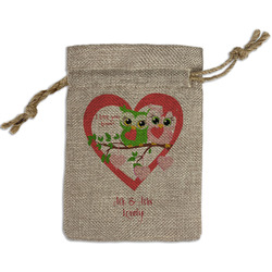Valentine Owls Small Burlap Gift Bag - Front (Personalized)