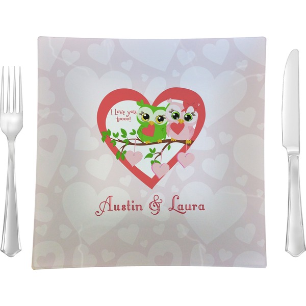 Custom Valentine Owls 9.5" Glass Square Lunch / Dinner Plate- Single or Set of 4 (Personalized)