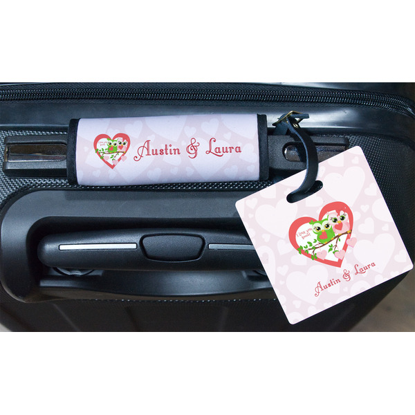 Valentine Owls Square Luggage Tag & Handle Wrap - In Context