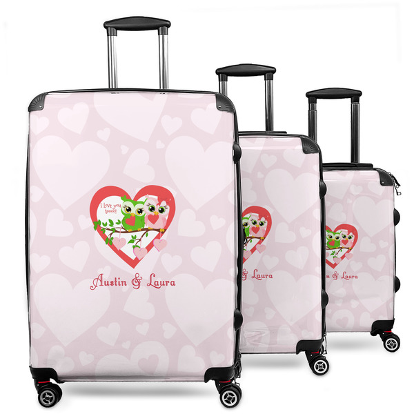 Custom Valentine Owls 3 Piece Luggage Set - 20" Carry On, 24" Medium Checked, 28" Large Checked (Personalized)