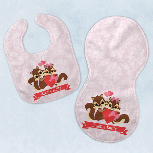 Custom Chipmunk Couple Baby Bib & Burp Set w/ Couple's Names