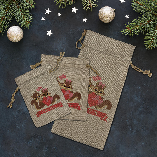 Chipmunk Couple Burlap Gift Bags - LIFESTYLE (Flat lay)