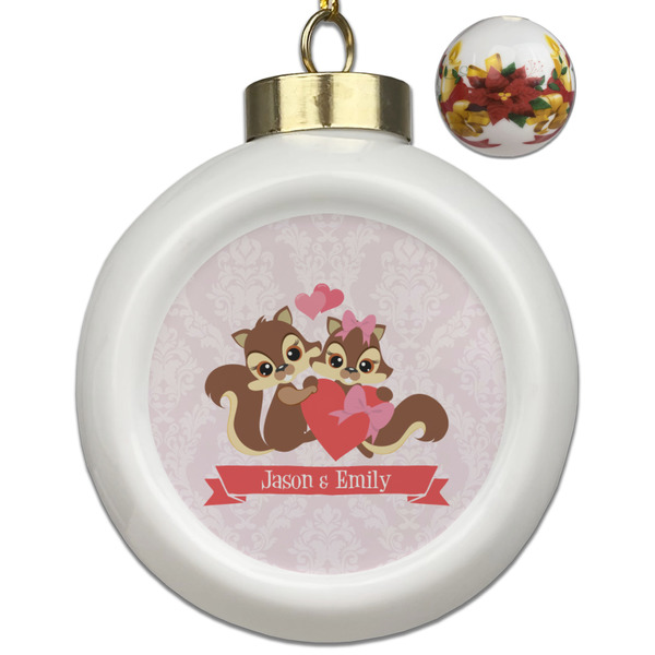 Custom Chipmunk Couple Ceramic Ball Ornaments - Poinsettia Garland (Personalized)