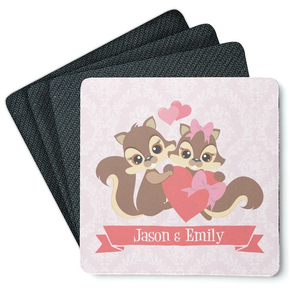 Custom Chipmunk Couple Square Rubber Backed Coasters - Set of 4 (Personalized)