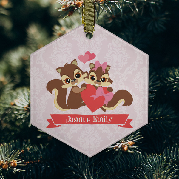 Chipmunk Couple Frosted Glass Ornament - Hexagon (Lifestyle)