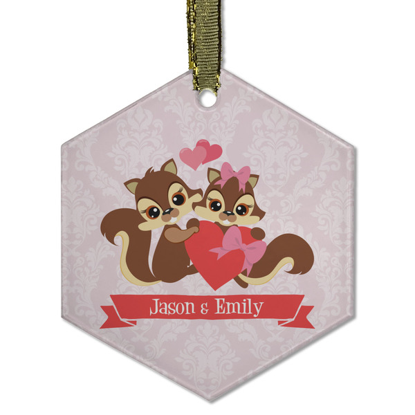 Custom Chipmunk Couple Flat Glass Ornament - Hexagon w/ Couple's Names