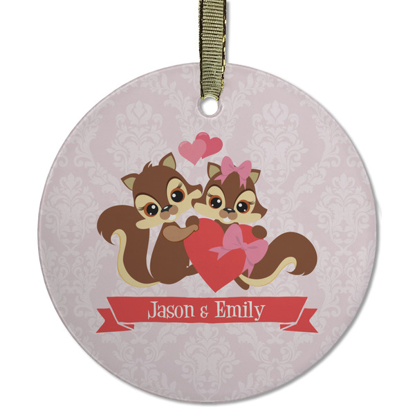 Custom Chipmunk Couple Flat Glass Ornament - Round w/ Couple's Names