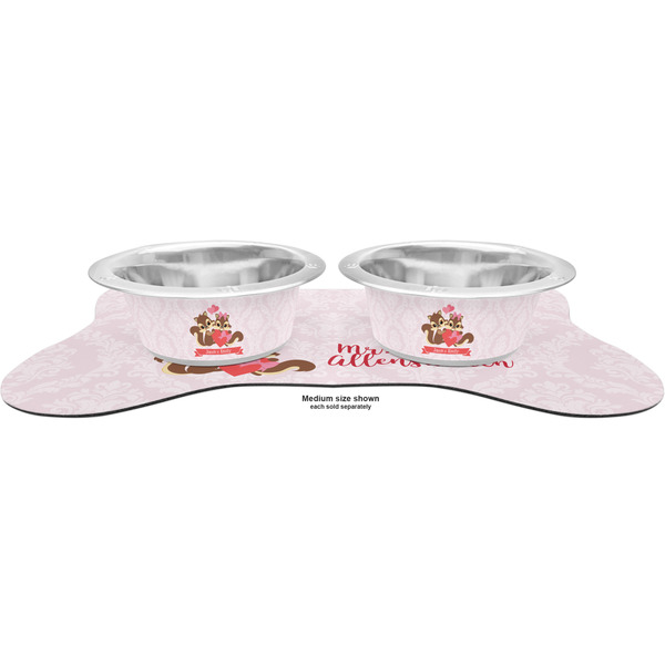 Chipmunk Couple Metal Pet Bowls - On Dog Bone Shaped Mat