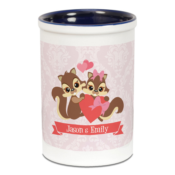 Custom Chipmunk Couple Ceramic Pencil Holders - Blue