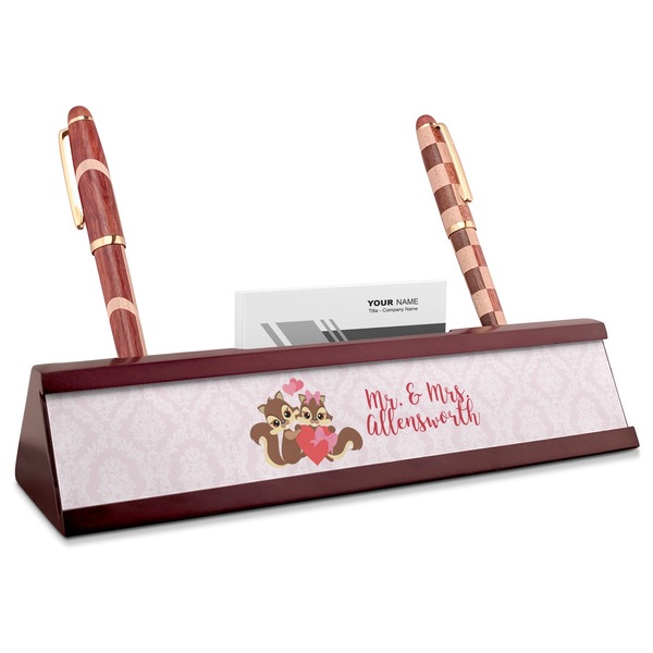 Custom Chipmunk Couple Red Mahogany Nameplate with Business Card Holder (Personalized)
