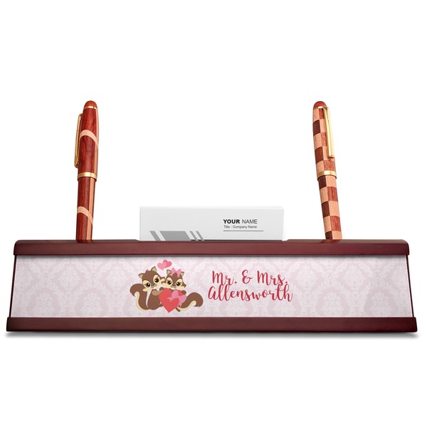 Chipmunk Couple Red Mahogany Nameplates with Business Card Holder - Straight