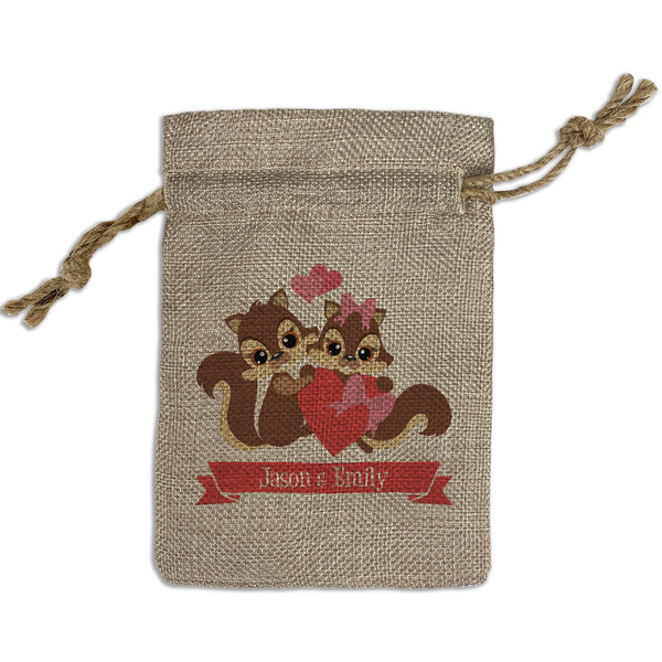Custom Chipmunk Couple Small Burlap Gift Bag - Front (Personalized)