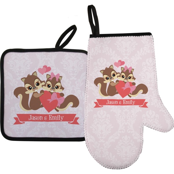 Custom Chipmunk Couple Right Oven Mitt & Pot Holder Set w/ Couple's Names