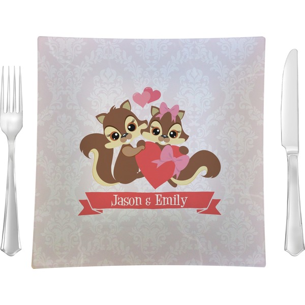 Custom Chipmunk Couple 9.5" Glass Square Lunch / Dinner Plate- Single or Set of 4 (Personalized)