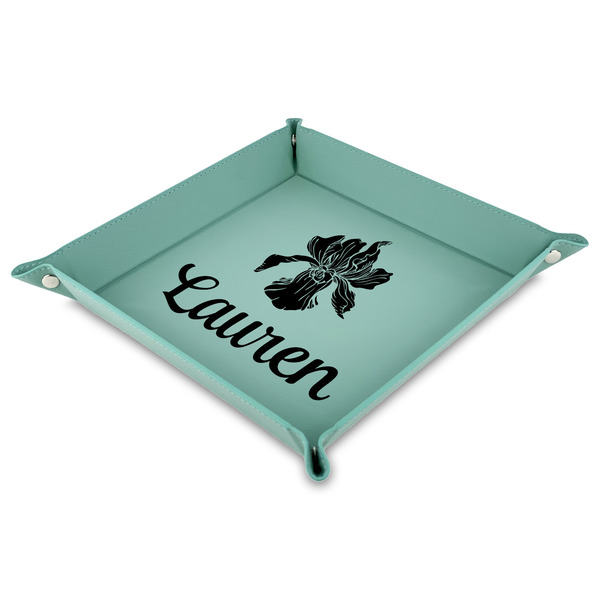 Custom Orchids Faux Leather Dice Tray - 9" x 9"  - Teal (Personalized)