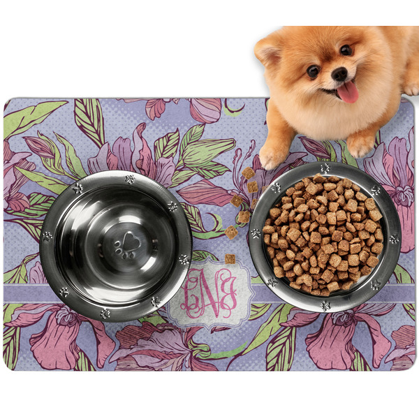 Custom Orchids Dog Food Mat - Small w/ Monogram