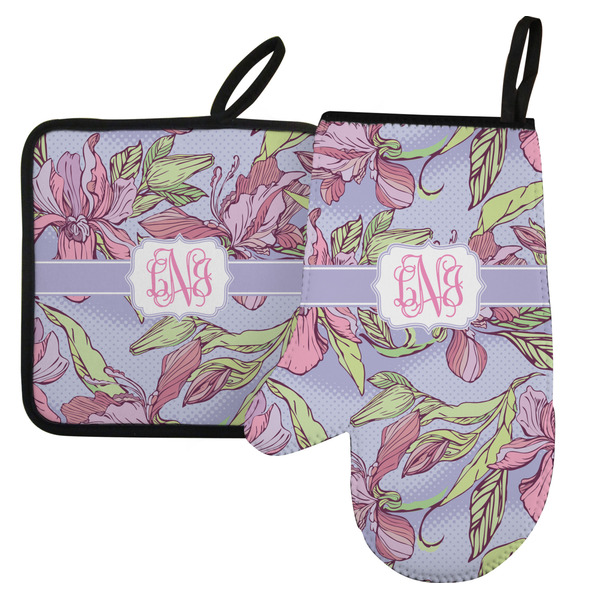 Custom Orchids Left Oven Mitt & Pot Holder Set w/ Monogram