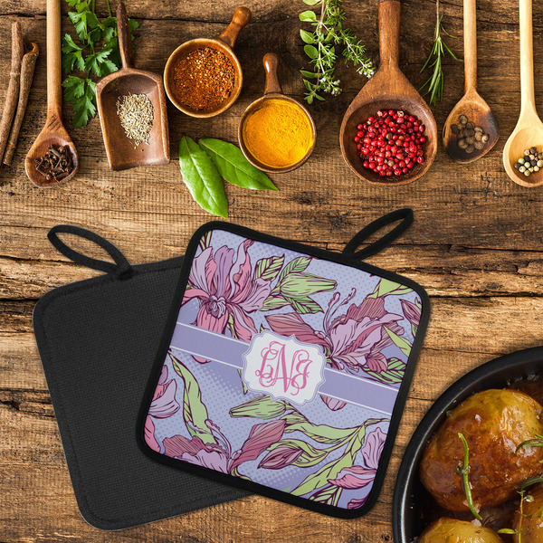 Orchids Neoprene Pot Holder - Set of 2  LIFESTYLE (Flatlay)