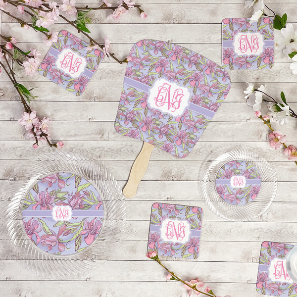 Orchids Party Supplies Combination Image - All items - Plates, Coasters, Fans