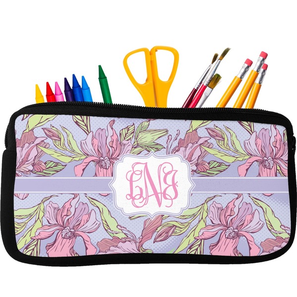 Custom Orchids Neoprene Pencil Case - Small w/ Monogram