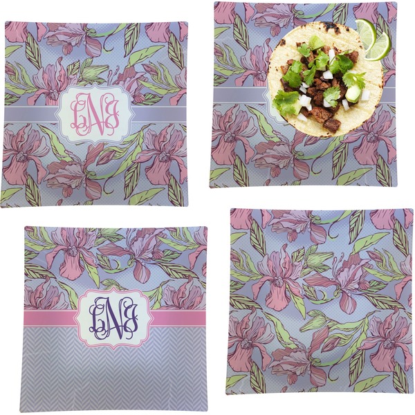 Custom Orchids Set of 4 Glass Square Lunch / Dinner Plate 9.5" (Personalized)