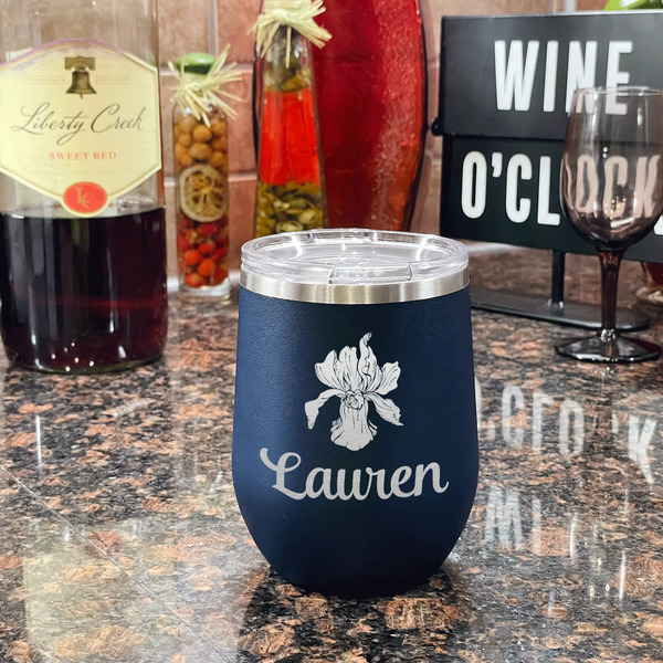 Orchids Stainless Wine Tumblers - Navy - Single Sided - In Context
