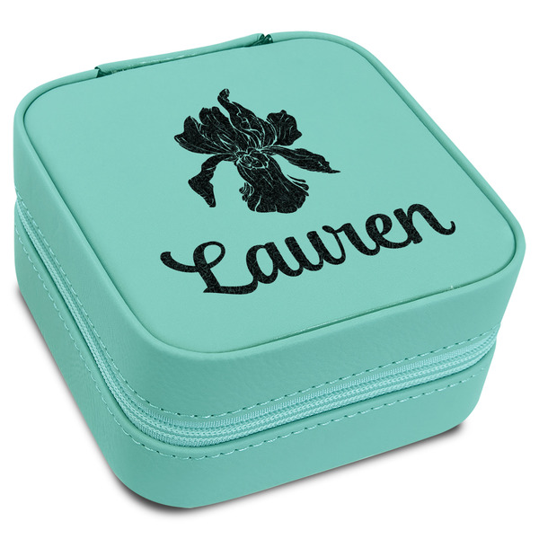 Custom Orchids Travel Jewelry Box - Teal Leather (Personalized)