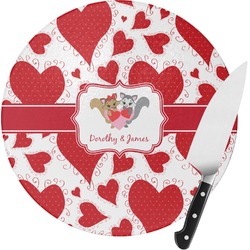 Cute Raccoon Couple Round Glass Cutting Board - Small (Personalized)