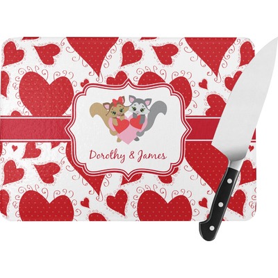 Cute Squirrel Couple Rectangular Glass Cutting Board - Large - 15.25"x11.25" w/ Couple's Names